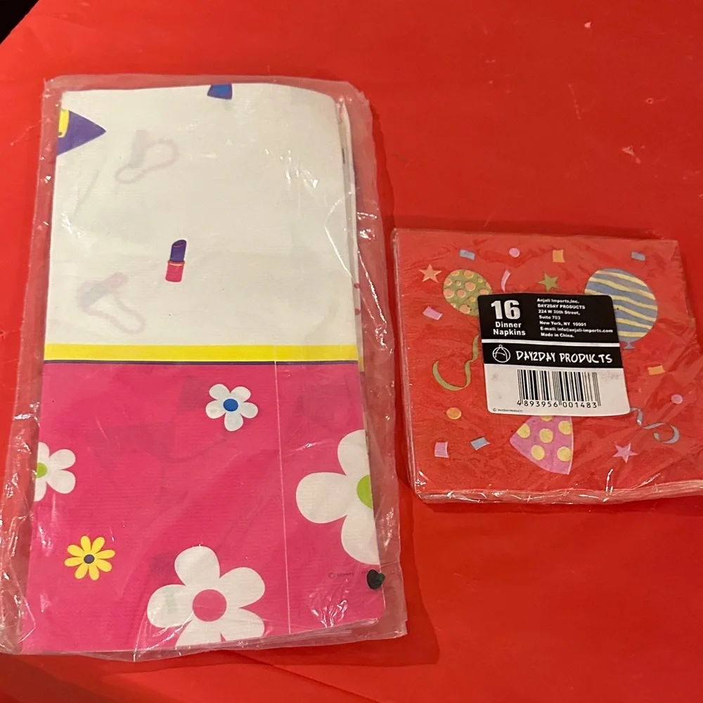 Disney Floral Table Cover and Happy Birthday Napkins - Pink and Yellow